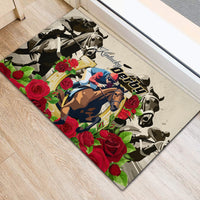 Rectangular rubber doormat with Kentucky Derby jockey, horse silhouette, and red roses