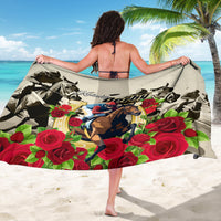 Yellow sarong, back view, Kentucky Derby text with horse and red rose design
