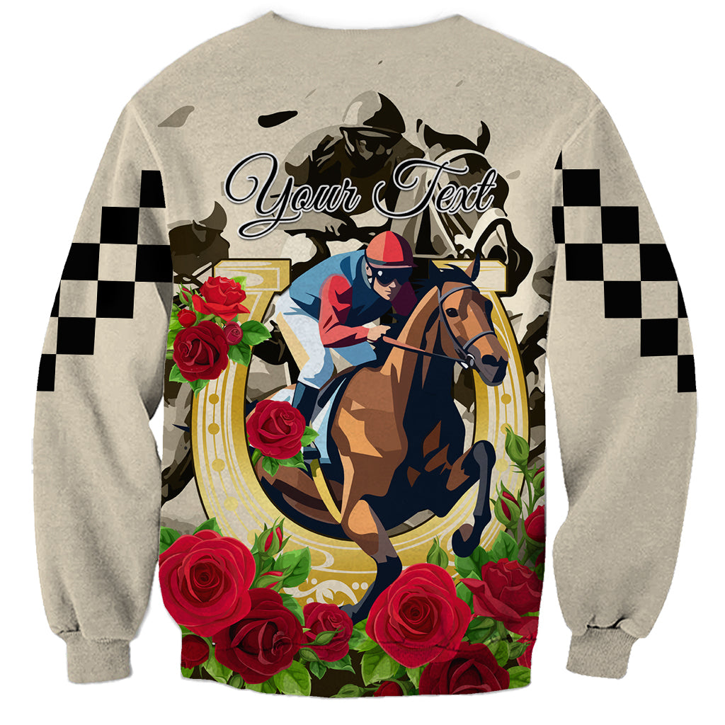 Light gray unisex sweatshirt with horse-race graphic, 'Your Text' script, checkered panels