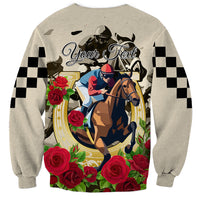 Light gray unisex sweatshirt with horse-race graphic, 'Your Text' script, checkered panels