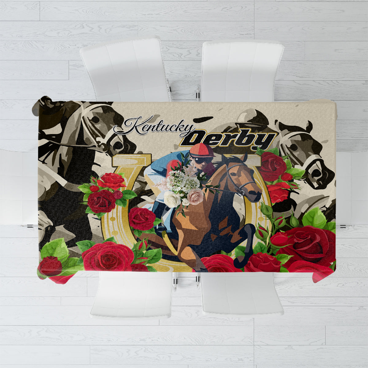 Tablecloth with Kentucky Derby horse graphic and red roses floral pattern