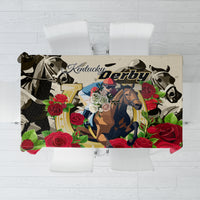 Tablecloth with Kentucky Derby horse graphic and red roses floral pattern