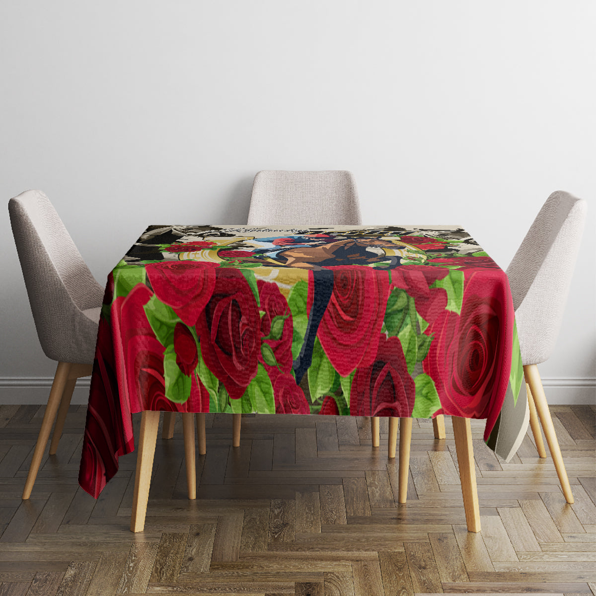 Tablecloth with bold red rose pattern and horse graphic on square table