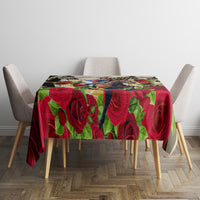 Tablecloth with bold red rose pattern and horse graphic on square table