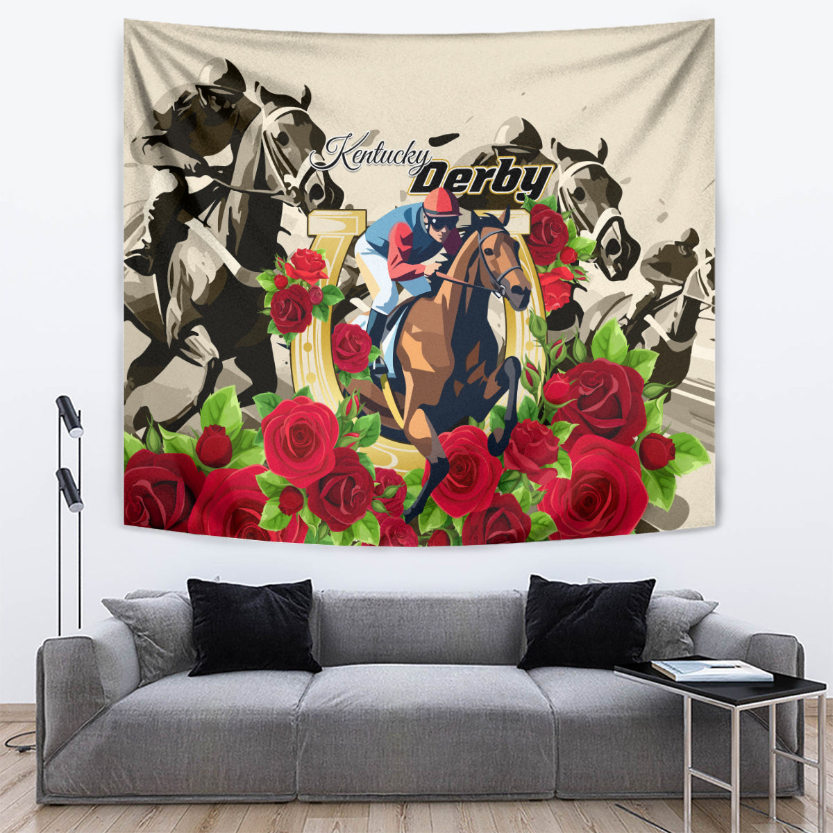 Horse racing tapestry with Derby lettering, mounted rider, and red roses on a light fabric