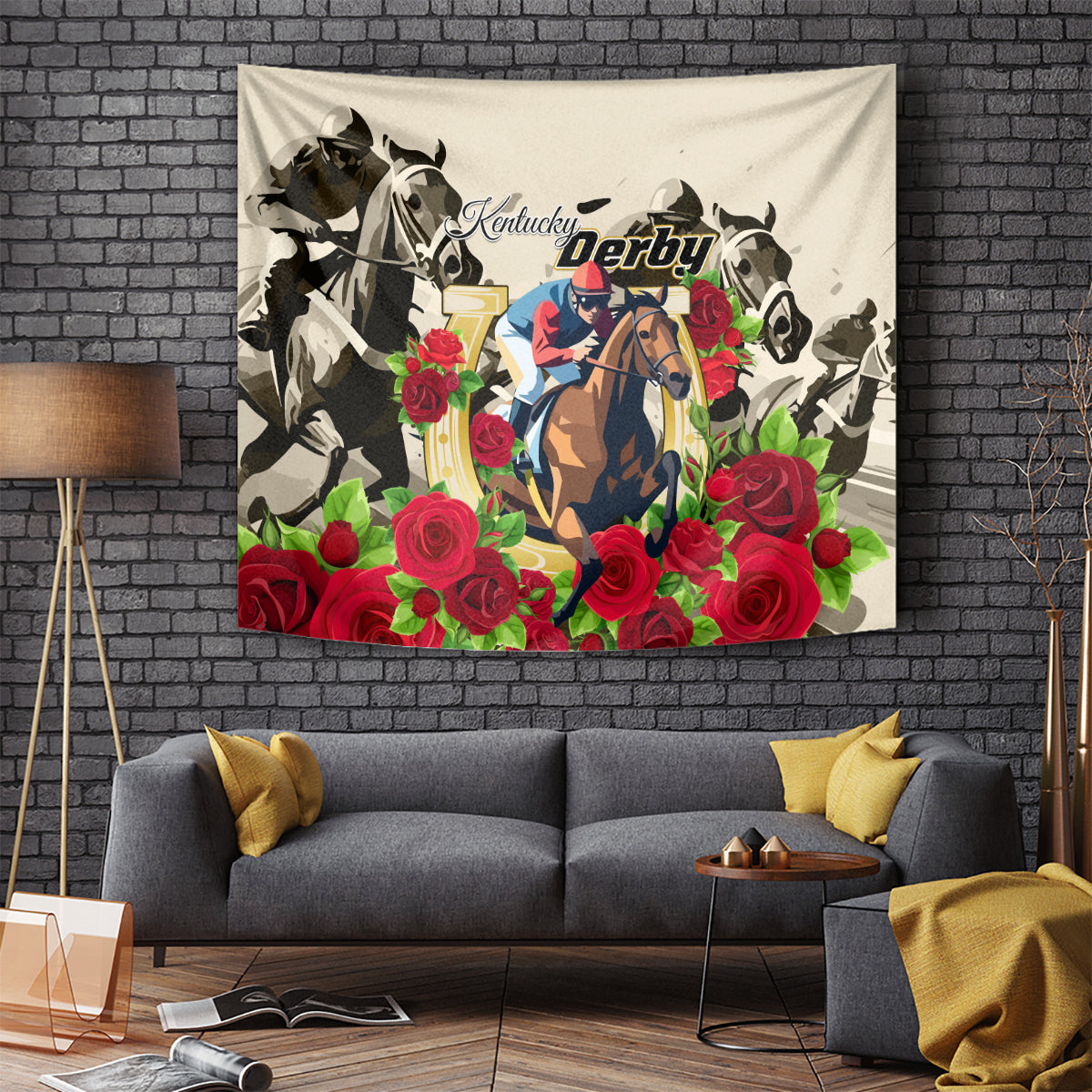 Wall-hanging horse racing tapestry featuring Derby text, rider silhouette, and red roses