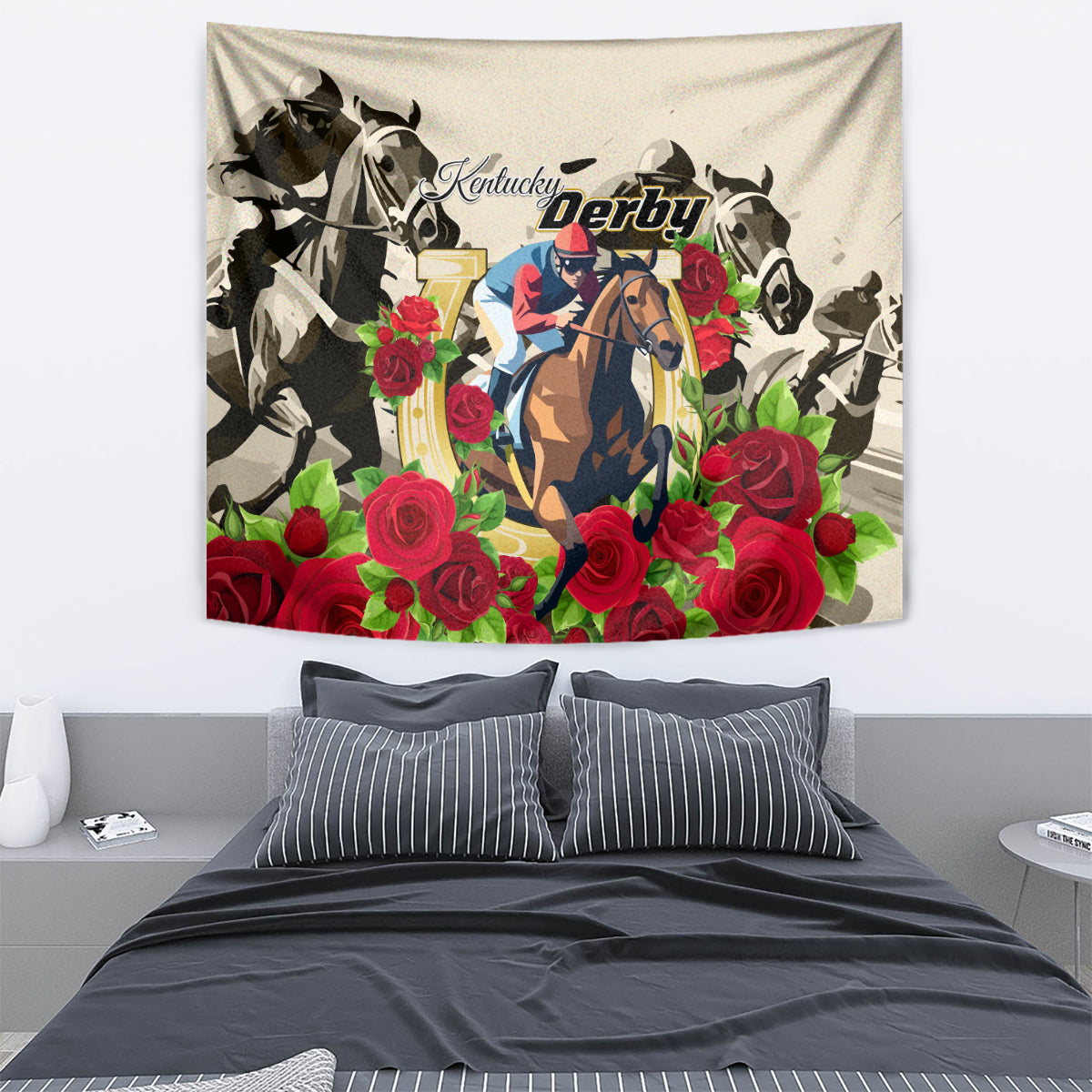 Decorative horse racing tapestry with Derby logo, jockey on horse, and clusters of red roses