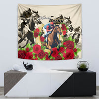 Horse racing wall tapestry showing Derby lettering, racing horses, and vivid red rose blooms