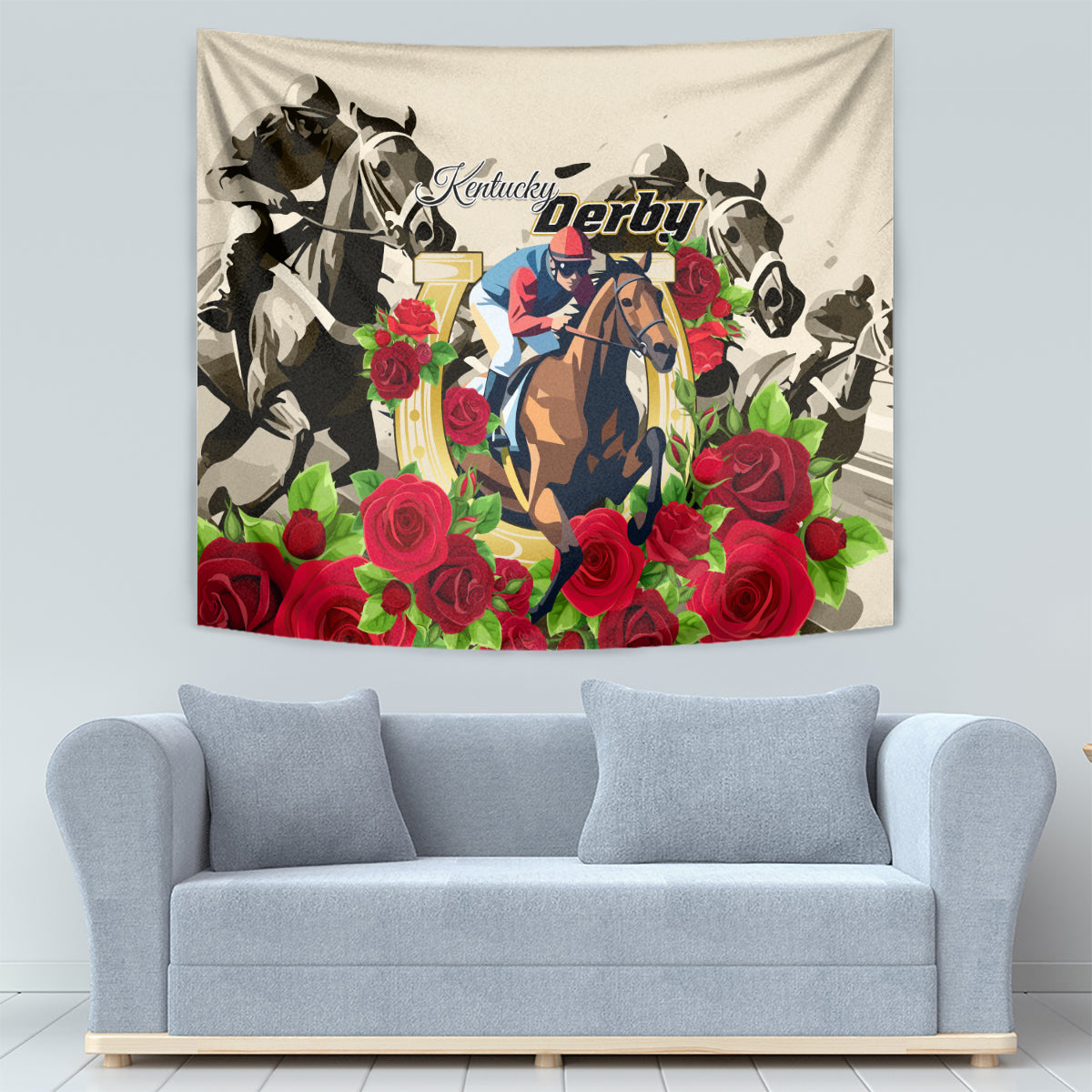 Kentucky Derby-themed tapestry with mounted jockey, multiple horses, and red rose flowers