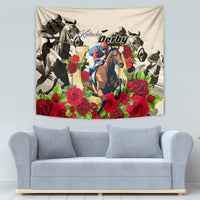 Kentucky Derby-themed tapestry with mounted jockey, multiple horses, and red rose flowers