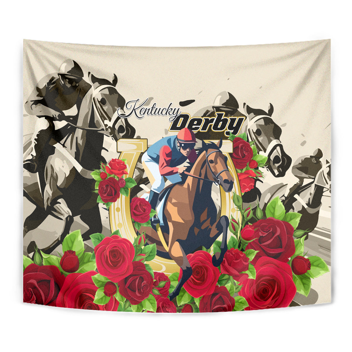 Close view horse racing tapestry with Derby lettering, jockey figure, and red roses across the bottom