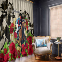 Horse-and-rose printed window curtain panels in cream with “Kentucky Derby” text
