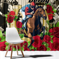 Close-up of horse-and-rose printed curtain fabric with “Kentucky Derby” lettering