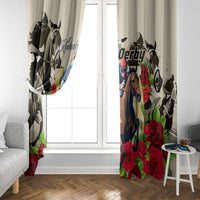 Pair of cream horse-and-rose window curtain panels with “Kentucky Derby” design