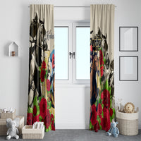 Two hanging cream curtain panels with horse, roses, and “Kentucky Derby” on doors