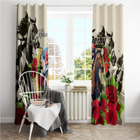 Cream curtain panels with horse silhouettes, red roses, and “Kentucky Derby”