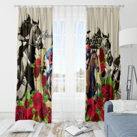 Cream printed curtain panels with horses, red roses, and “Kentucky Derby”
