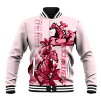 Pink baseball jacket with button front, striped collar and horse racing floral print