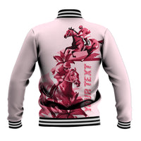Pink baseball jacket back view with striped hem, horse racing graphic and floral accents