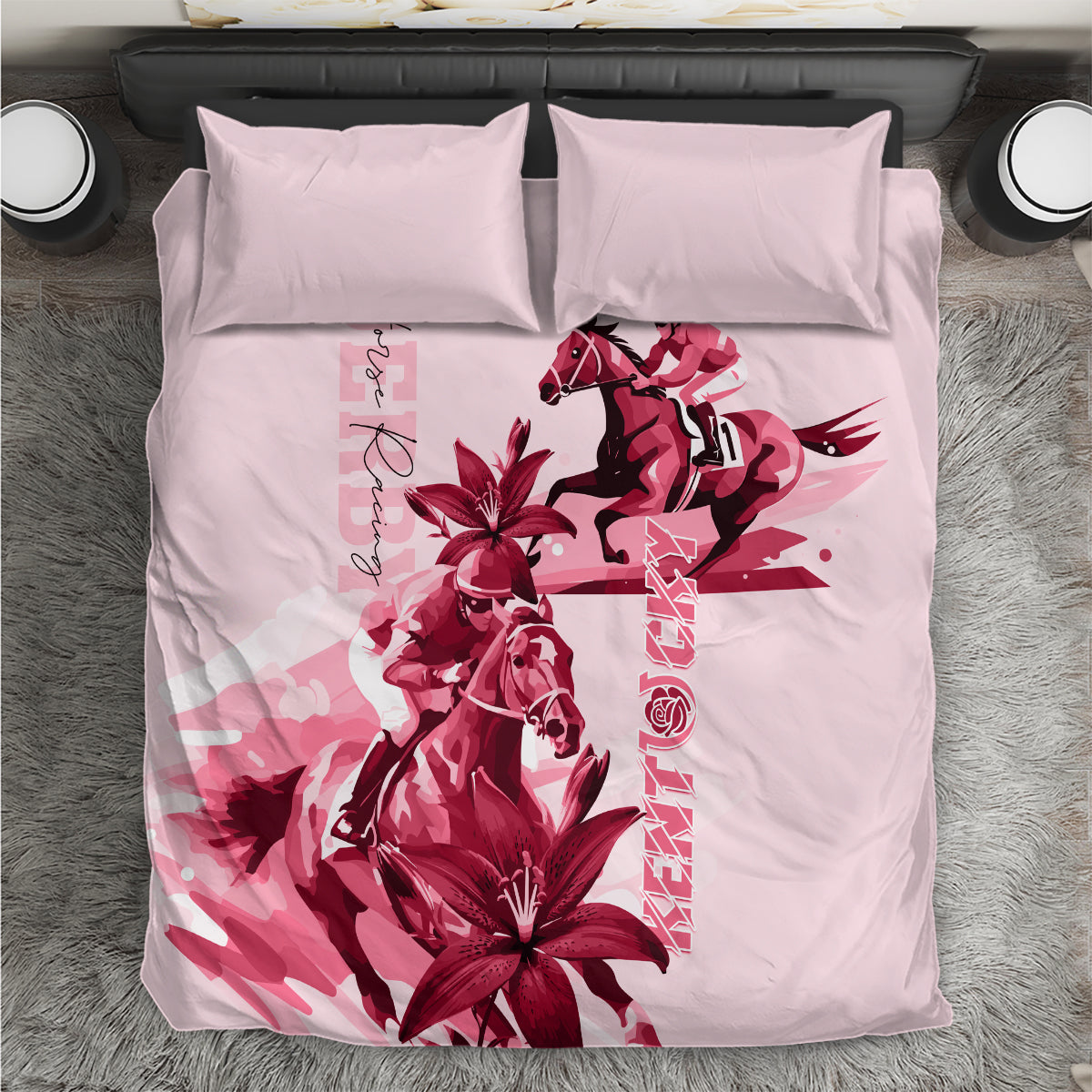 Pink bedding set with red horse racing graphic and floral lilies, two matching pillows