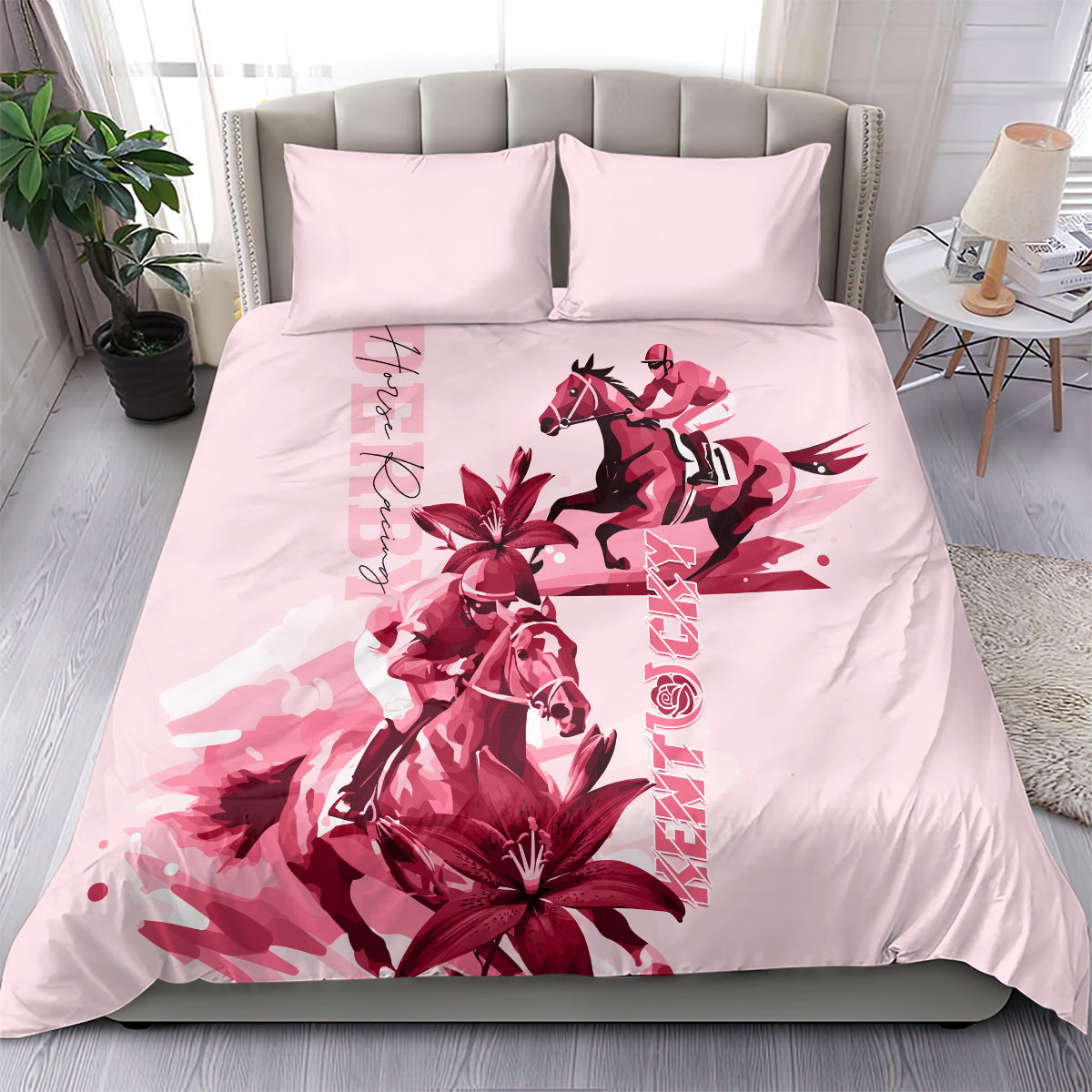Pink bedding set with red horse racing and flower lily print, includes two pillows