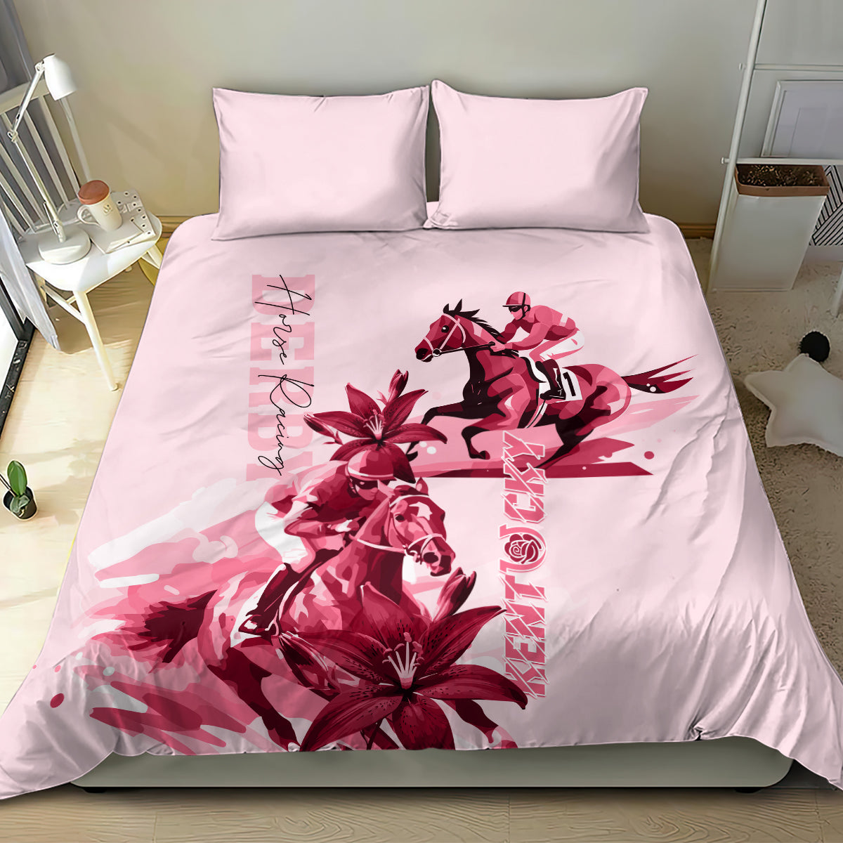 Pink bedding set with red horse racing rider artwork and lily blooms, two pillows