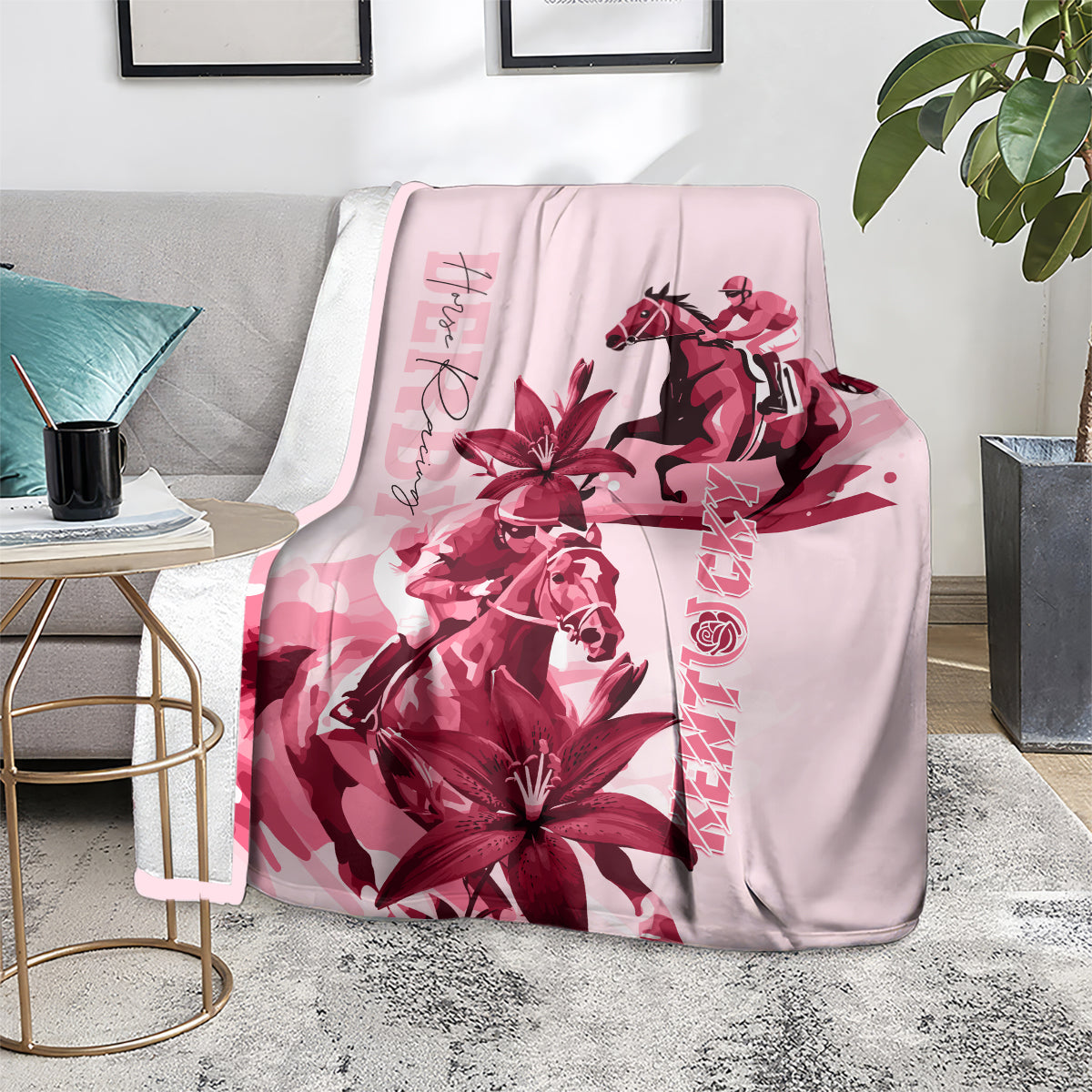 Pink horse and lily blanket, spread flat with maroon floral and horse artwork
