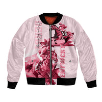Pink bomber jacket with front zipper, black ribbed collar and cuffs, horse racing graphic