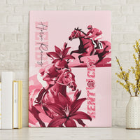 Pink horse racing canvas wall art with magenta horses and lily flowers
