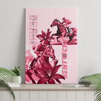 Pink horse racing canvas wall art featuring a dark horse and blooming lilies