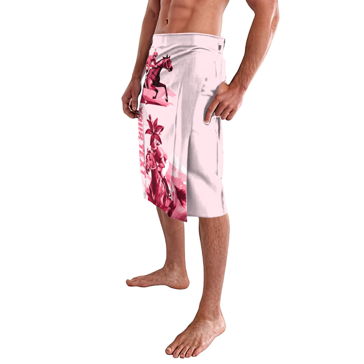 Pink knee-length shorts with horse-and-flower graphic on one side