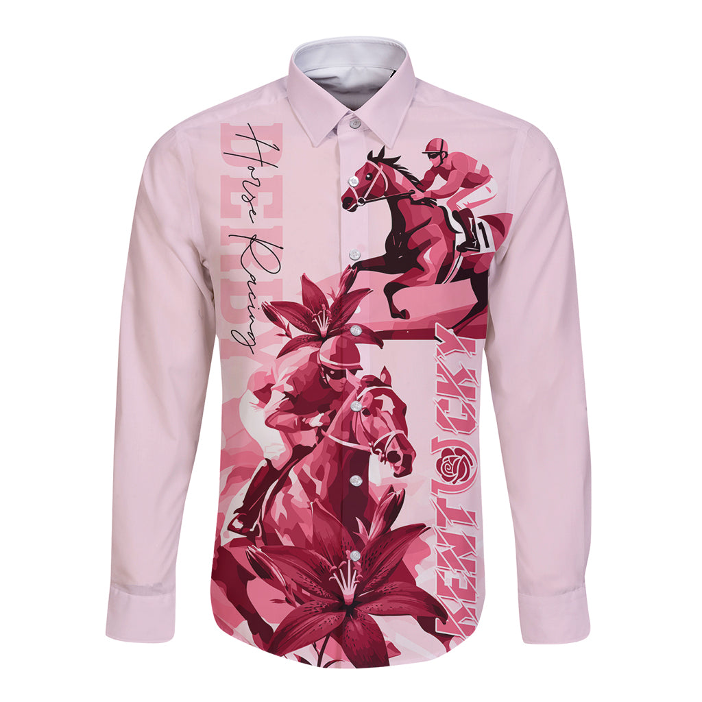 Pink long-sleeve button shirt with horse racing graphic on front