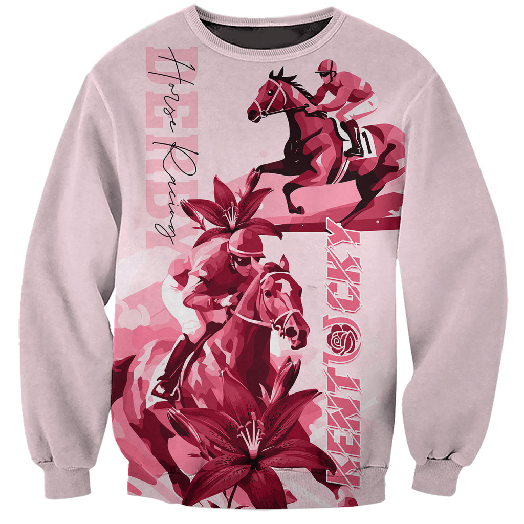 Pink unisex crewneck sweatshirt with horse and rider graphic, floral lily print