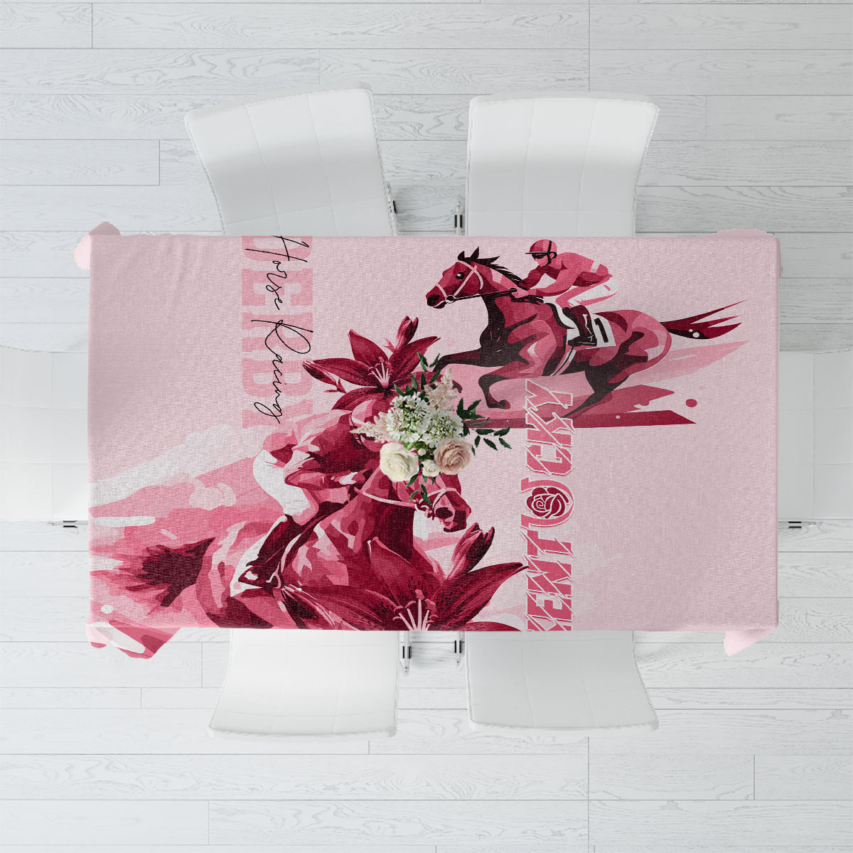 Pink tablecloth with dark pink horse racing and lily floral print