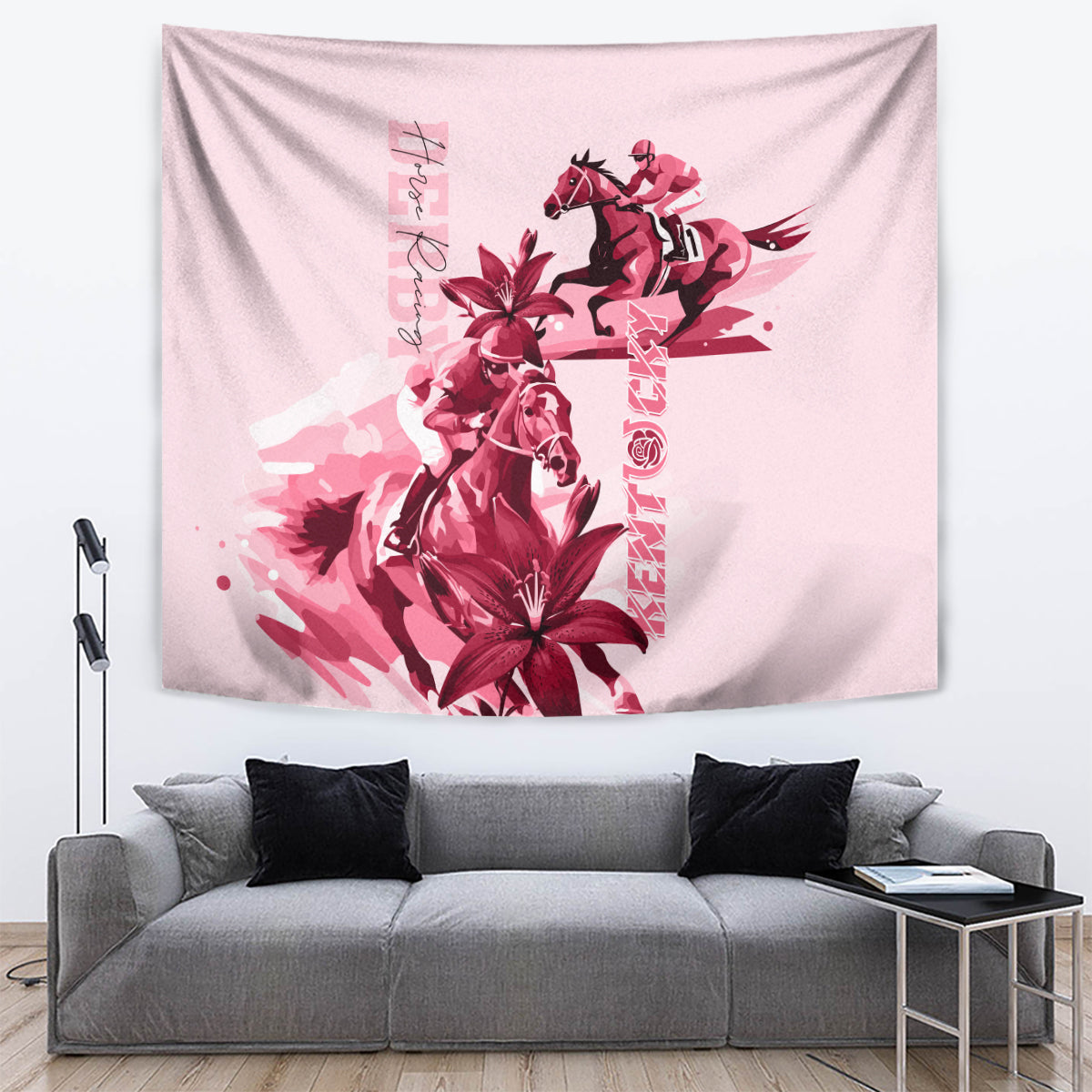 Pink horse racing tapestry with jockey on horse and red flowers, with vertical pink lettering