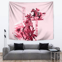 Pink horse racing tapestry with jockey on horse and red flowers, with vertical pink lettering