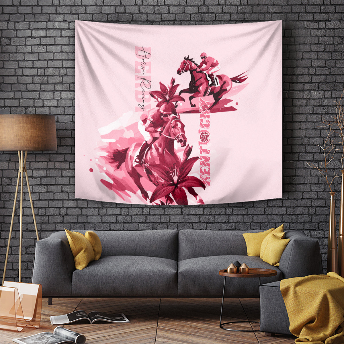 Pink horse racing tapestry featuring jockey on horse with red flowers and vertical lettering