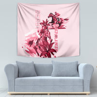 Pink horse racing tapestry showing jockey on horse with red flowers, vertical pink lettering