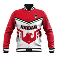 Unisex red and gray baseball jacket with striped collar, snap buttons, and JORDAN front logo
