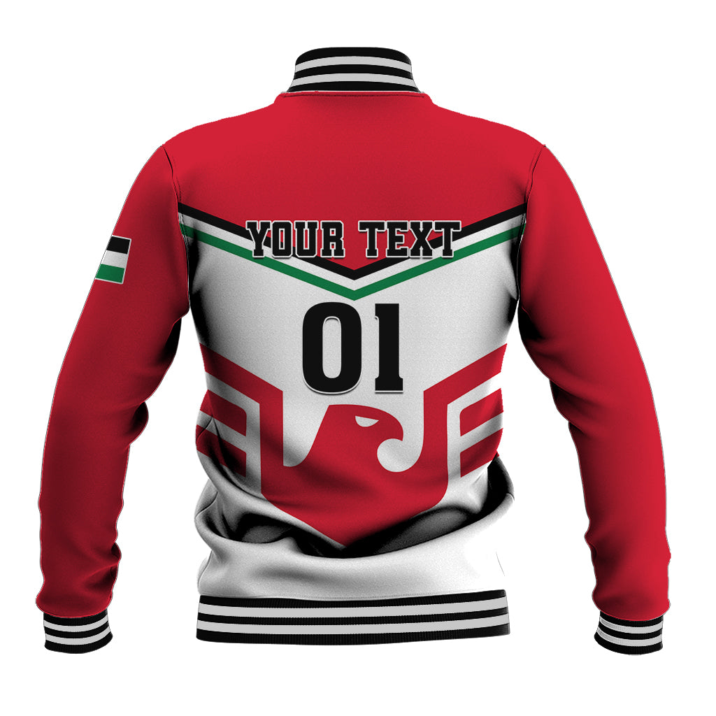 Unisex red and gray varsity baseball jacket with striped collar and bold '01' graphic on back