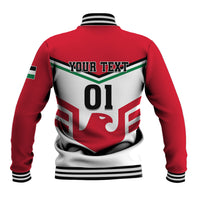 Unisex red and gray varsity baseball jacket with striped collar and bold '01' graphic on back