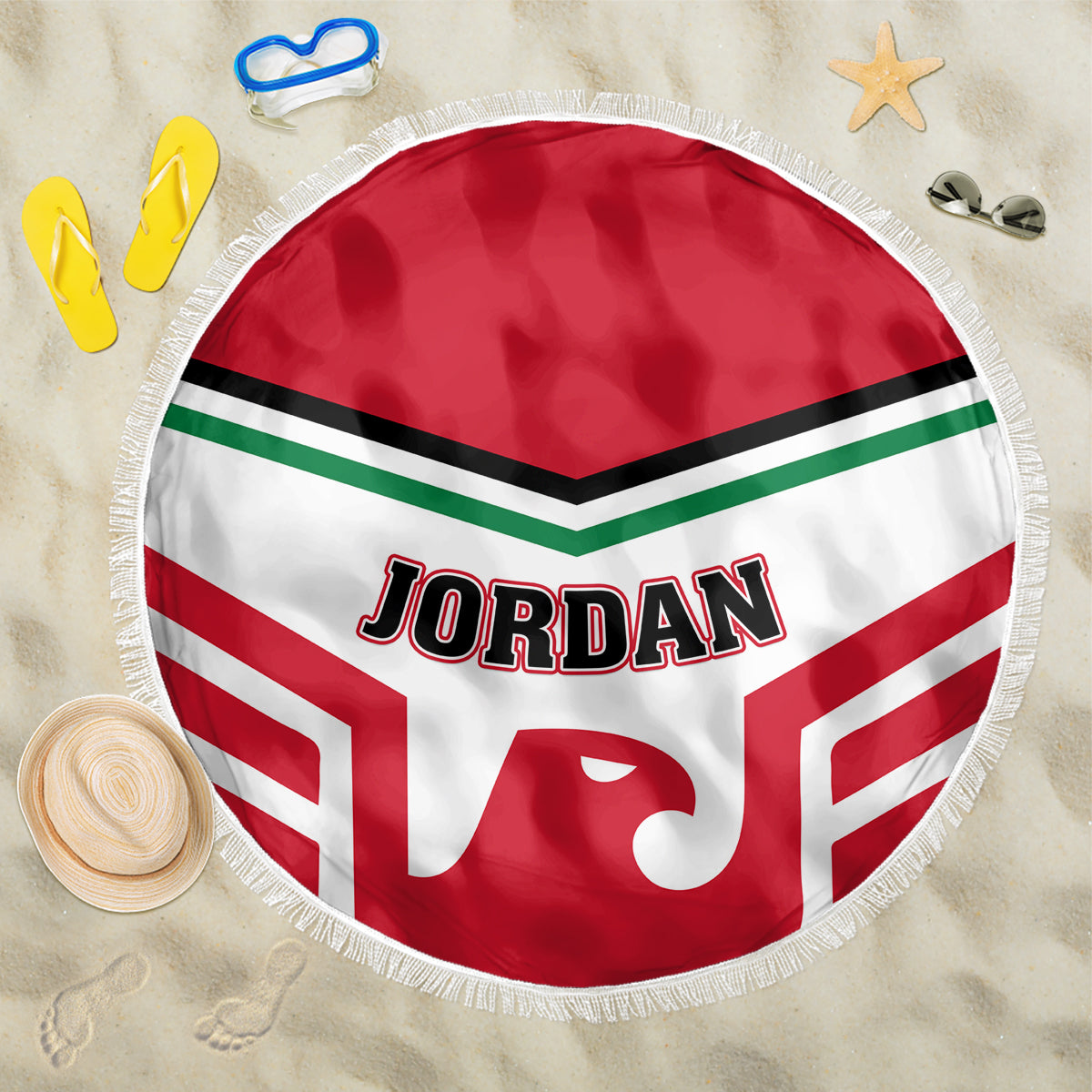 Round beach blanket, red/white/green chevron with 'JORDAN' lettering and fringed edge