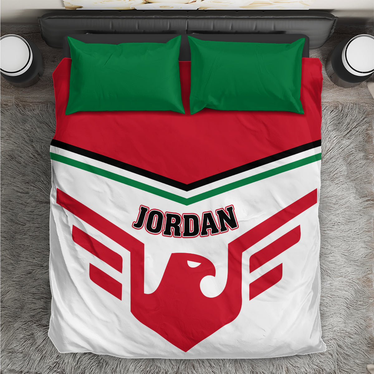 Jordan-themed bedding set with red, white, and green duvet and two matching pillows