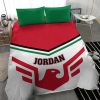 Jordan bedding set duvet with red top panel, white field, green stripes, and two pillows