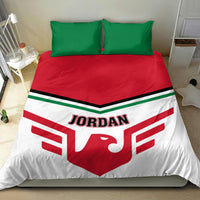 Jordan bedding set with white duvet, red center, green stripes, and two green pillows