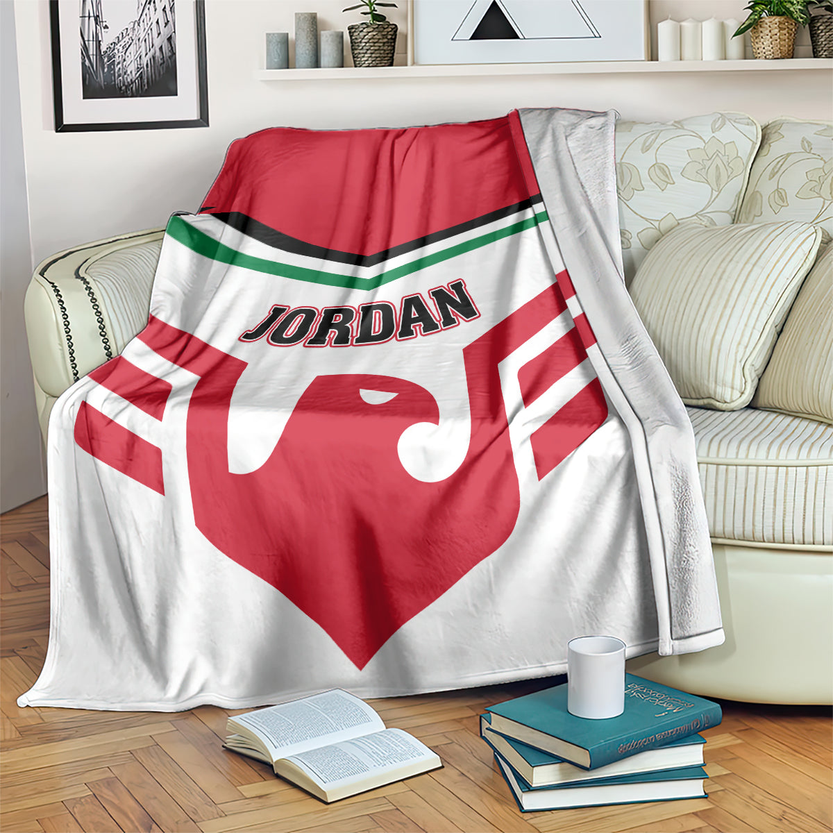 Red and white football blanket with Jordan logo and black/green stripe