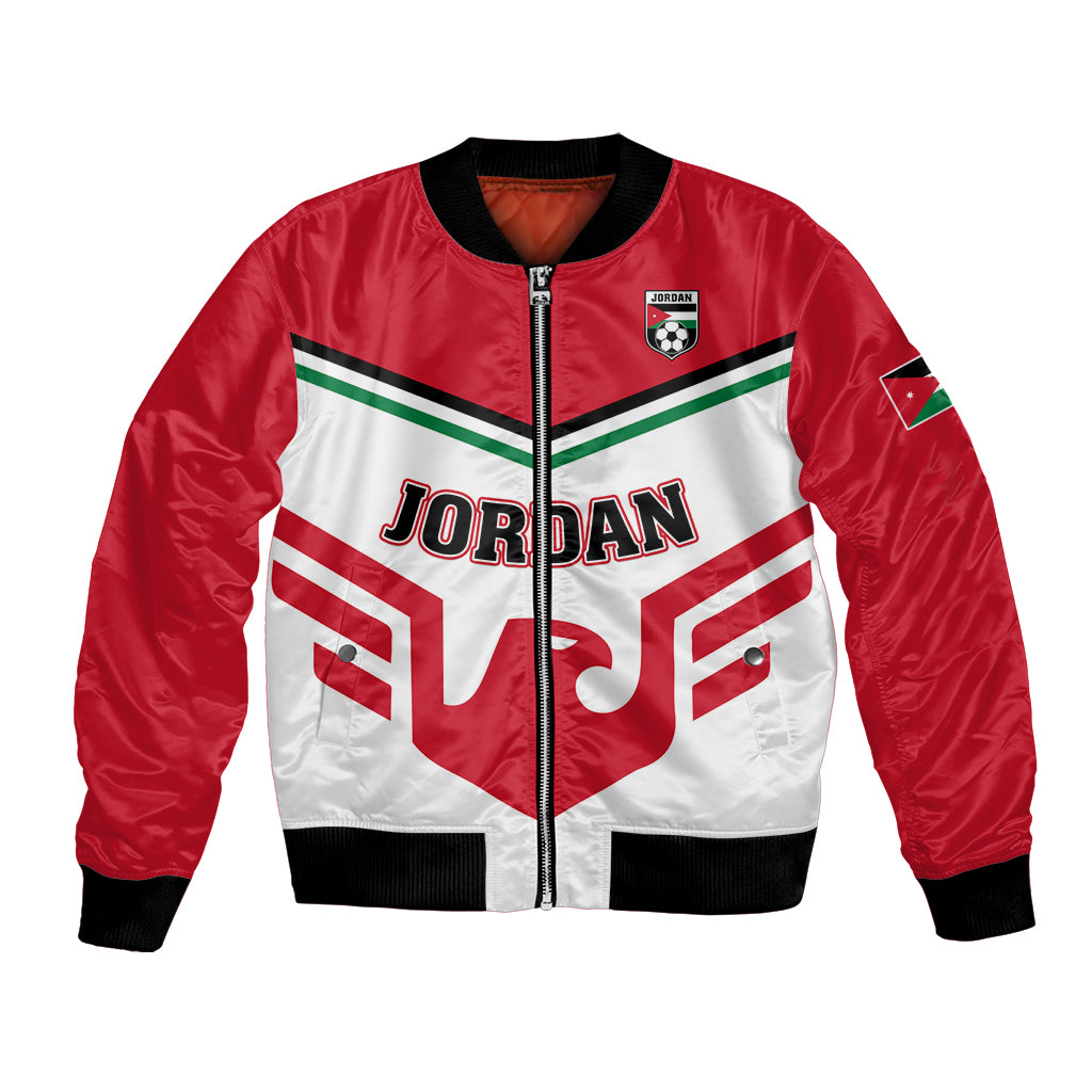 Jordan football bomber jacket, red and white with black ribbed hem and zip front