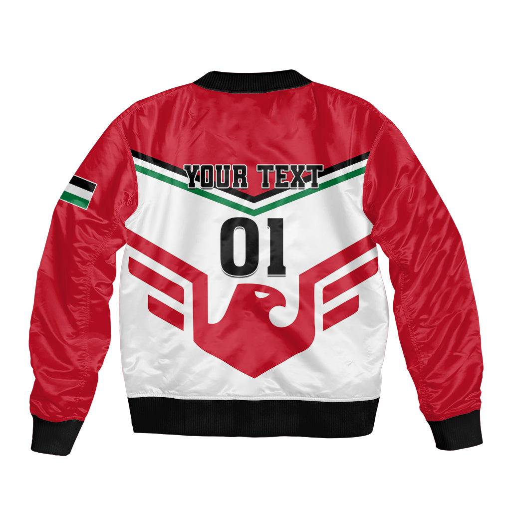 Jordan football bomber jacket back, red sleeves, white panel with 01 and stripes