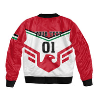 Jordan football bomber jacket back, red sleeves, white panel with 01 and stripes
