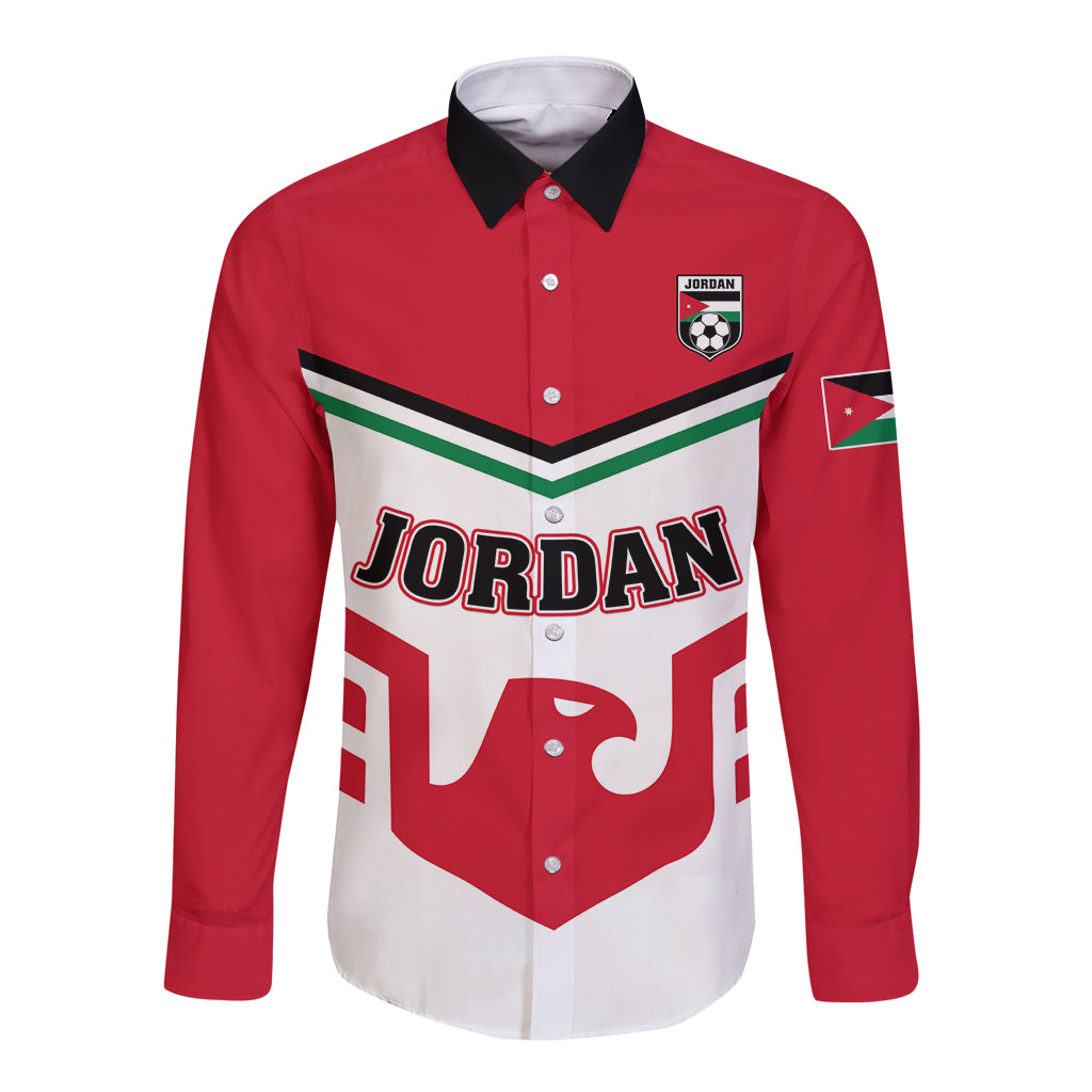 Red and white long-sleeve button football shirt, black collar, Jordan chest logo